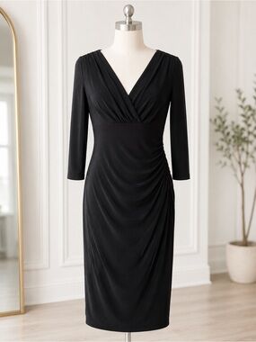 Lauren Ralph Lauren Black Faux Wrap Ruched Dress Size 12 Stretch 3/4 Sleeve